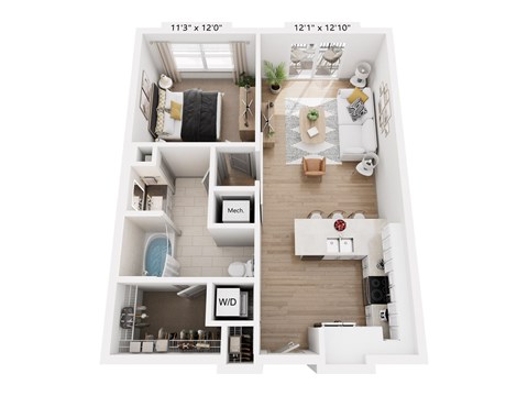Floor plan for 1 bed, 1 bath, 724 sqft